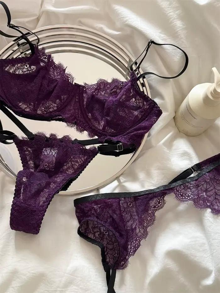 Ensemble de lingerie violette en dentelle fine froncée pour femmes