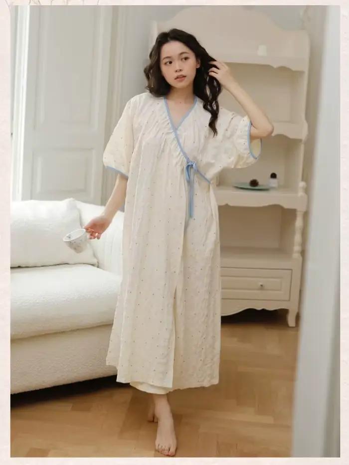 Robe de nuit kimono d'allaitement en coton froissé doux pour l'été