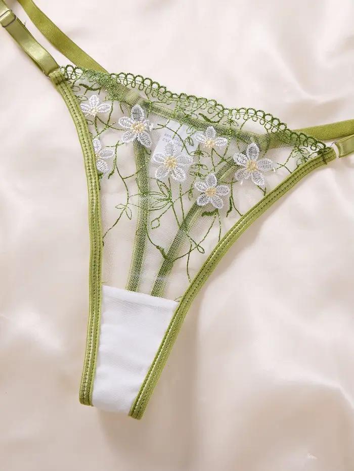 Lingerie transparente brodée en dentelle florale verte