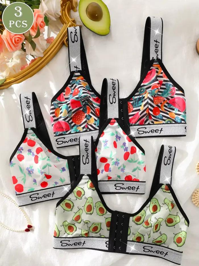 Lot de 3 soutiens-gorge sans fil pour femmes, bralette confortable à fermeture avant avec imprimé fruits mélangés et bordure brillante