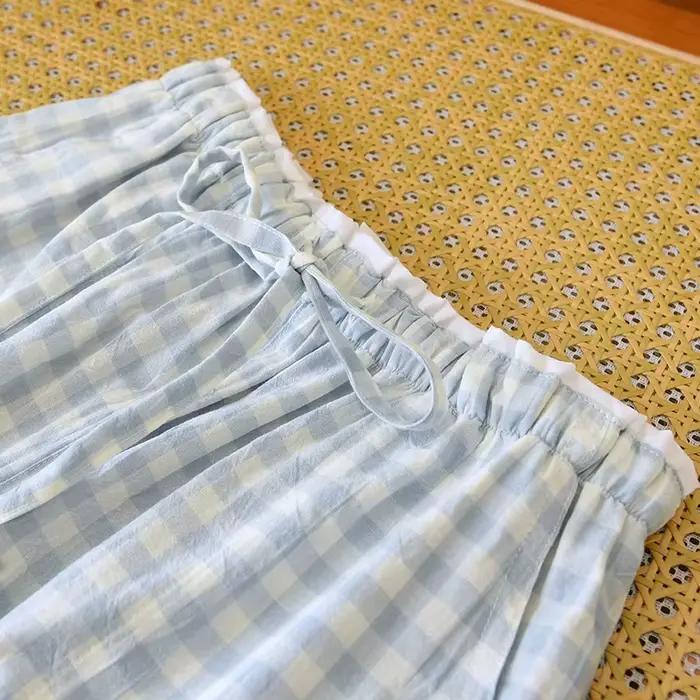 2026 nouveaux vêtements de nuit pour femmes 100% coton gaze dentelle pantalons à carreaux japonais minimaliste maison
