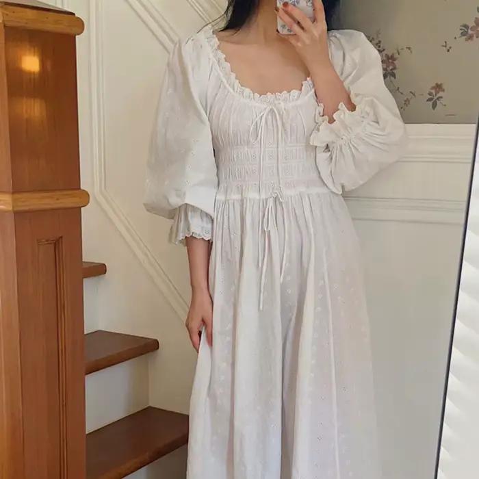 Robe de nuit longue 100 % coton pour femme, broderie française, magnifique tenue de nuit vintage, style palais rétro, chemise de nuit princesse, peignoir du matin