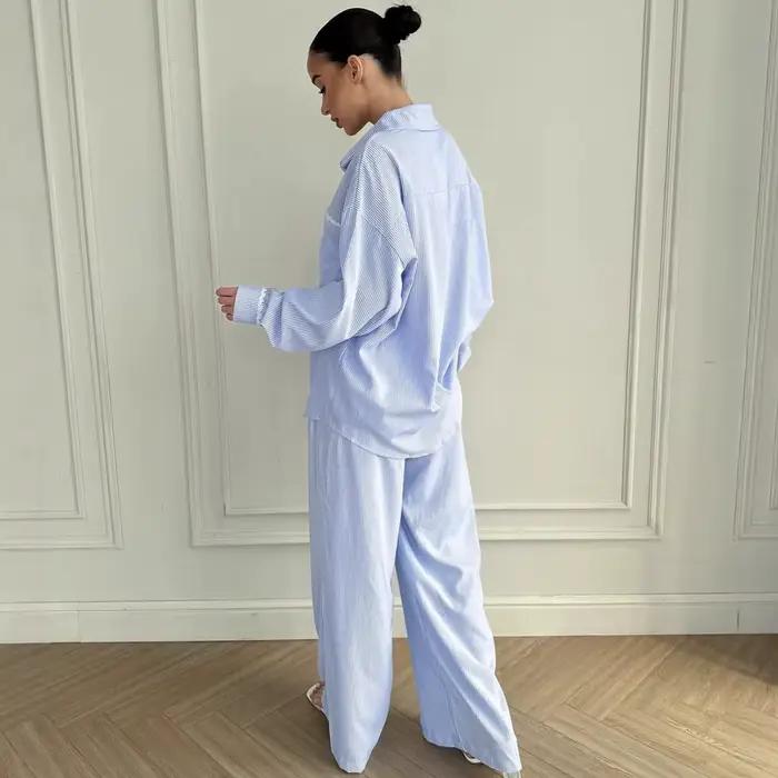 Rayé vêtements de nuit pour femmes 2 pièces costume à manches longues chemise