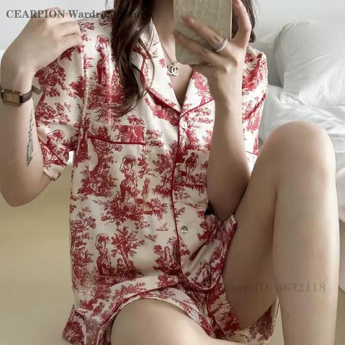 Mode imprimé fleur Pyjama Pour Femme vêtements de nuit été Shorts tenue de nuit vêtements de salon en vrac Satin Homewear Pijamas costume