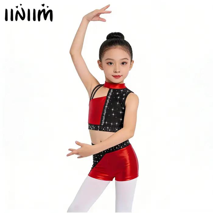 Tenue de gymnastique pour enfants filles, patinage artistique, danse de Ballet, Costume de spectacle, strass brillants, haut court métallique avec short