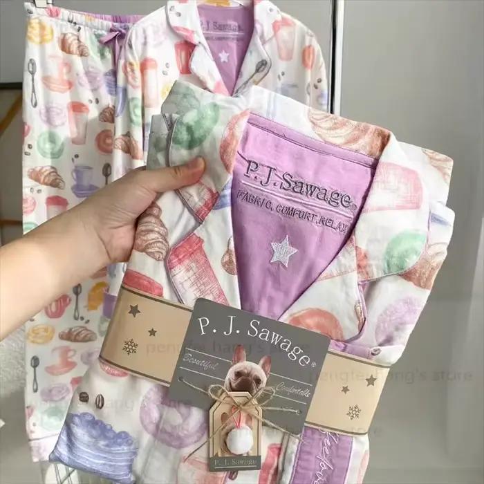 2025 nouveau pyjama costume coton 2 pièces ensemble femmes imprimer dessin animé vêtements de nuit à manches longues