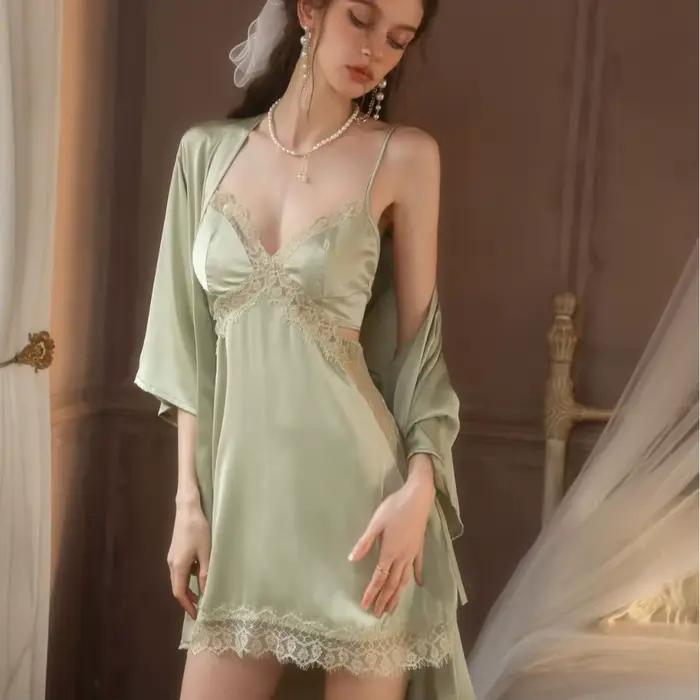 Femmes dentelle Patchwork 2 pièces Robe ensemble Sexy Robe de nuit Satin chemise de nuit été nouveau Kimono peignoir vêtements de nuit Satin vêtements de nuit