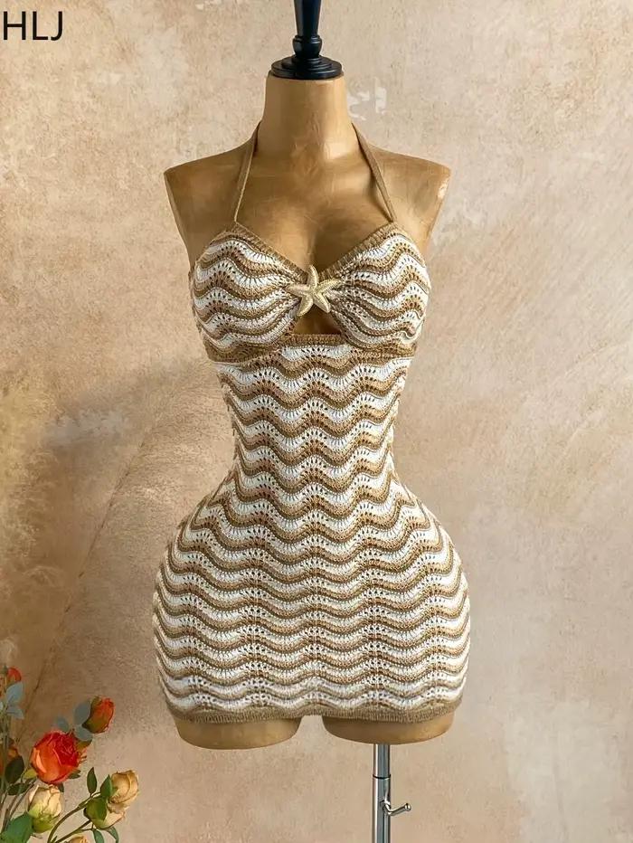 HLJ Robe moulante bohème rayée patchwork pour femme
