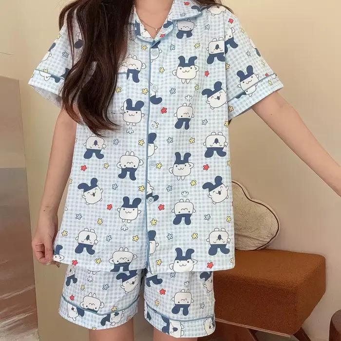 Ensemble de pyjama en coton pour femmes Mameiji, motif à carreaux bleu, mignon dessin animé Tamagot Chi, manches courtes, shorts, vêtements de détente fins et doux pour l'été