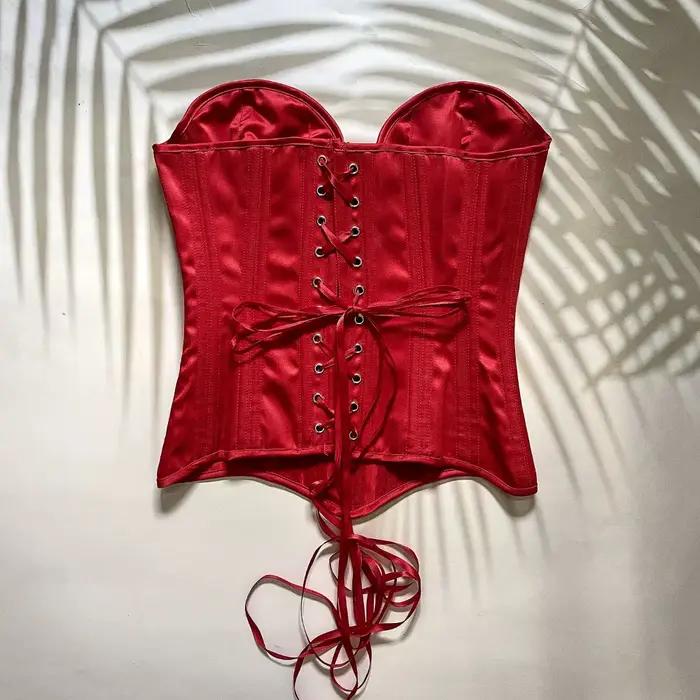 Corset Bustier avec bonnets pour femmes, corsage Vintage, serré à lacets, Double désossé, façonnant la taille, Chinner de mariage, Satin rouge