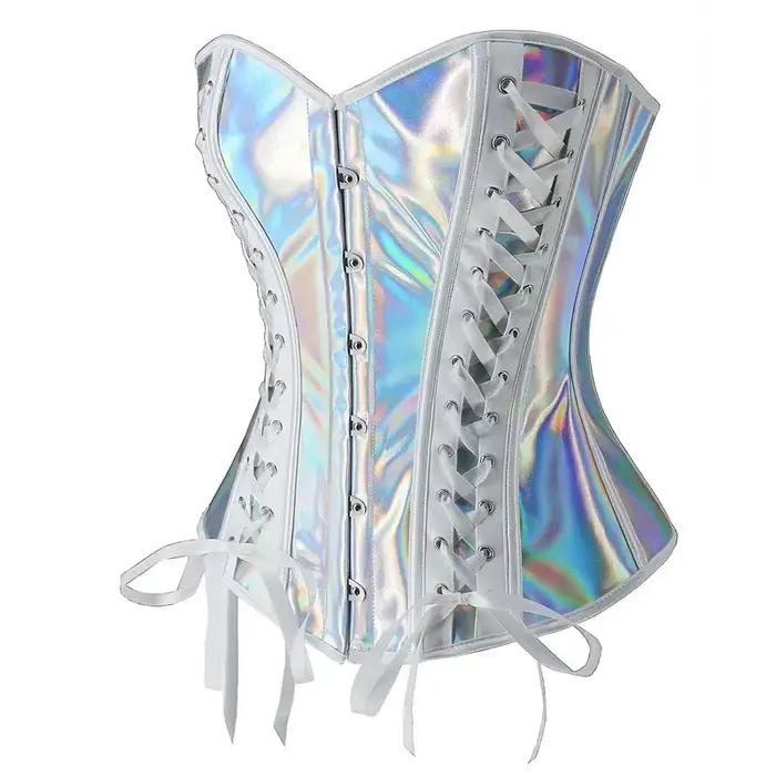 Steampunk Top Corset Argent PU Cuir À Lacets Surbuste Bustier pour Femmes Gothique Clubwear Sexy Taille Body Shapewear Corselet