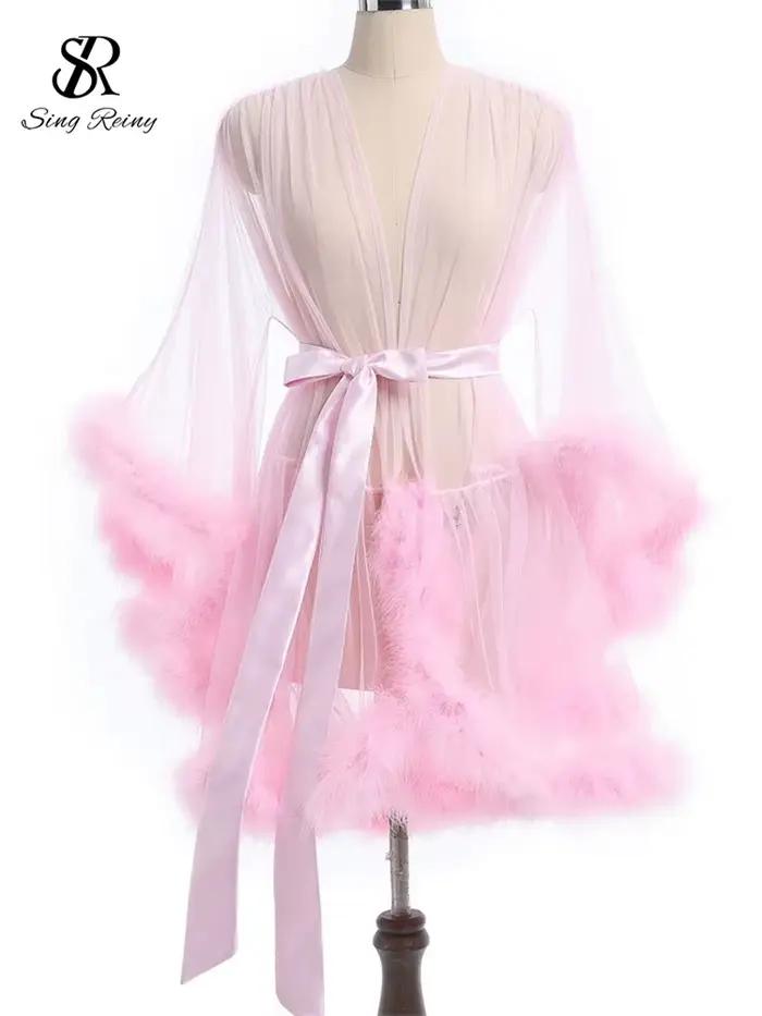 SINGREINY femme pure Shapewear Robes mode à manches longues en peluche épissé mince Lingerie femmes à lacets érotique