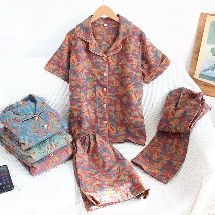 Ensemble de pyjama trois pièces en fil de coton jacquard pour femme