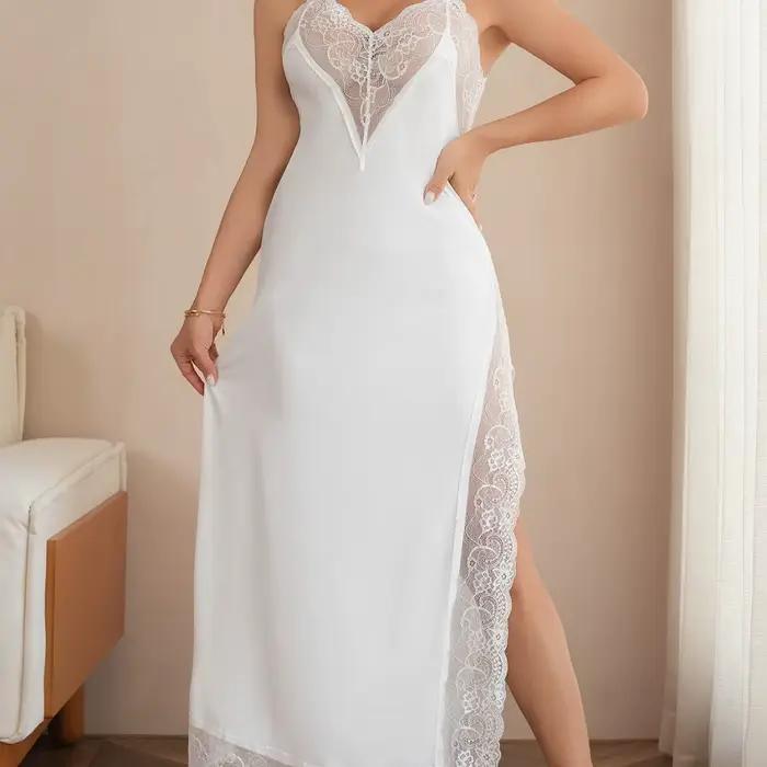 2025 nouvelle mode asymétrie col en v chemise de nuit Sexy femmes dentelle Patchwork sans manches sangle vêtements