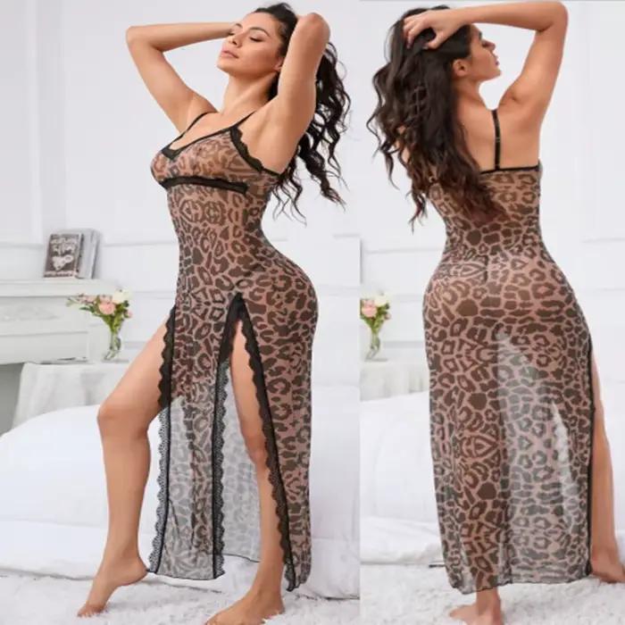 Chemise de nuit Sexy en Satin imprimé léopard