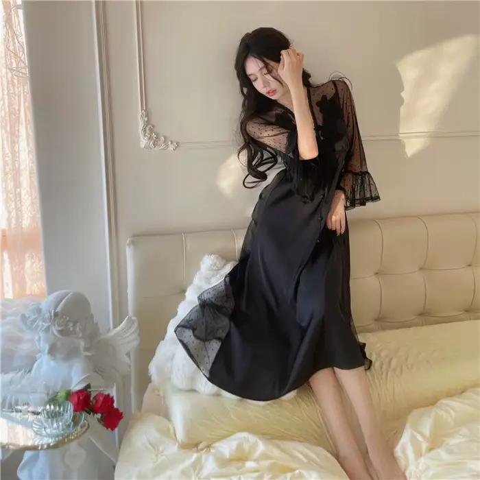 Chemise de nuit en dentelle à manches longues pour femmes
