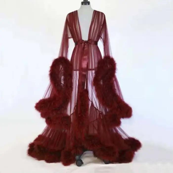 Robe de soirée Cocktail à manches moelleuses pour femmes, robe de bain, peignoir translucide, en maille, transparente, chemise de nuit de nuit de mariage