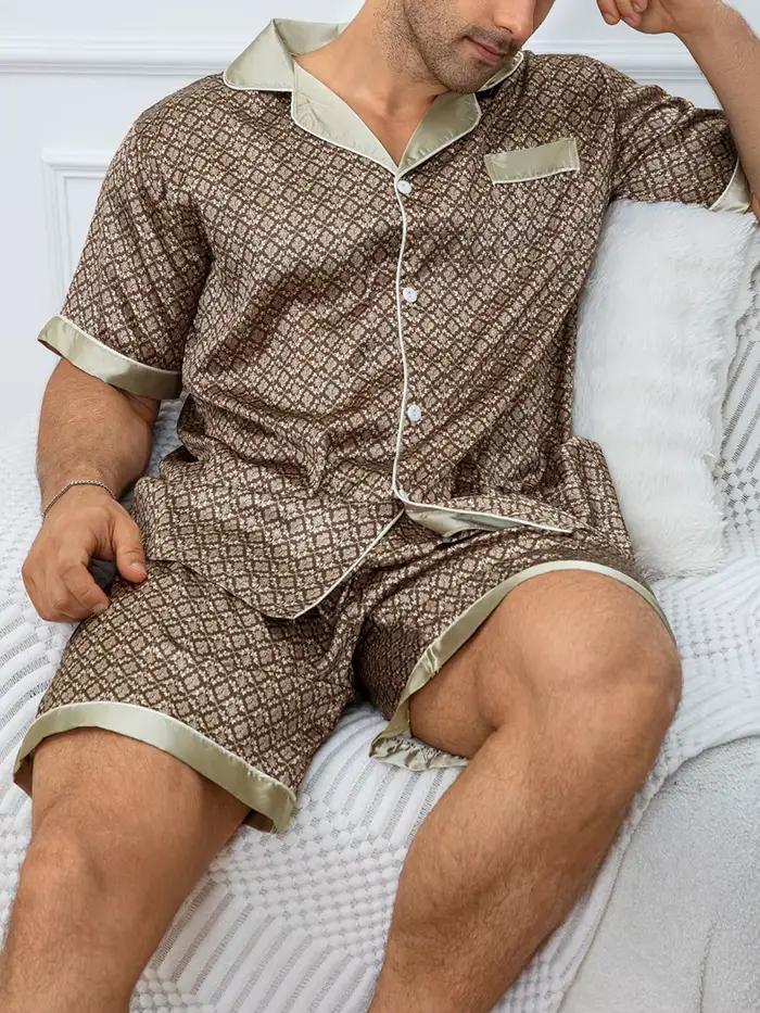 Ensemble pyjama imprimé à carreaux pour hommes, haut à revers à manches courtes et Short élastique, confortable, parfait pour les vêtements de nuit d'été, vêtements de détente