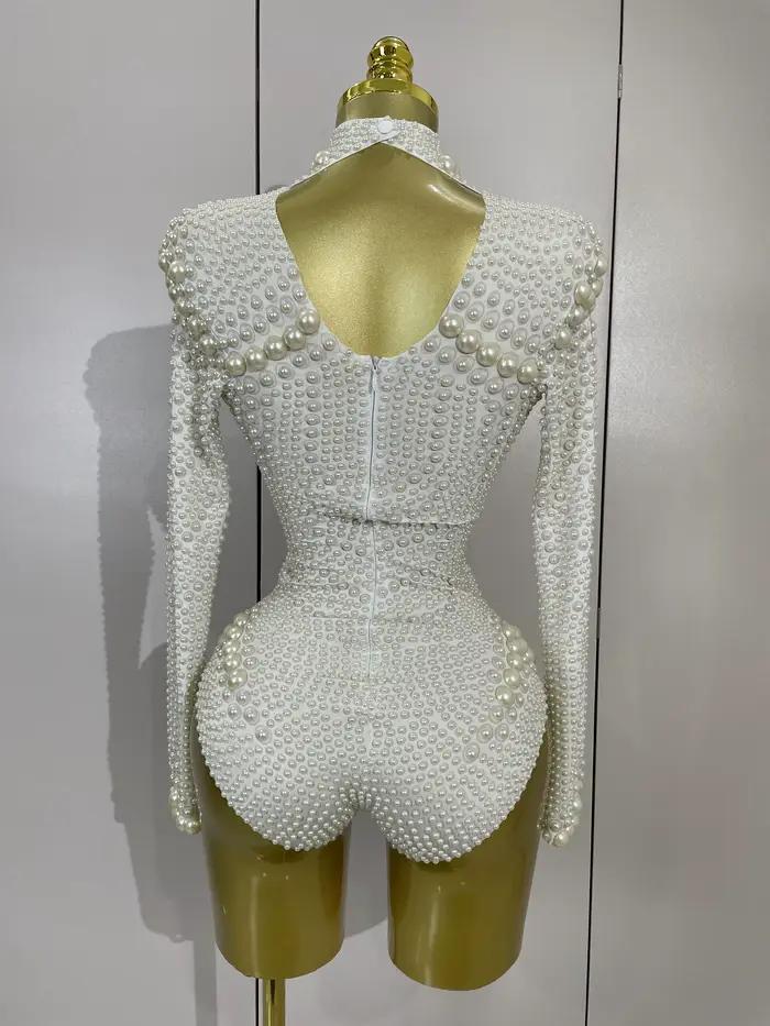 Body extensible de luxe blanc à manches longues avec perles pour femmes, tenue de soirée d'anniversaire, de célébration, de spectacle DJ, de discothèque, de scène