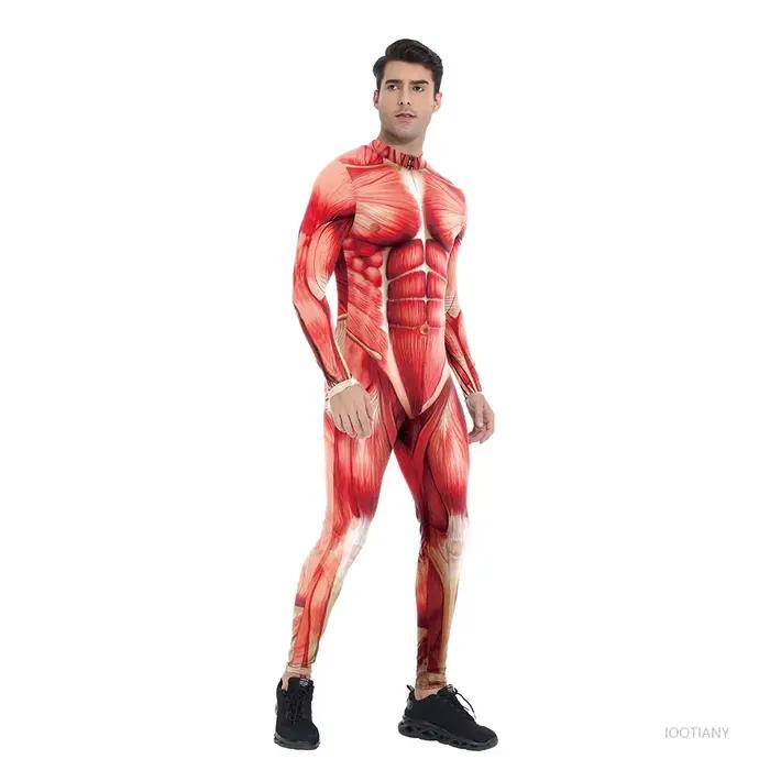 2025 Body moulant musculaire rouge pour hommes adulte Halloween corps Macho imprimé combinaison carnaval fête scène maquillage Performance collants