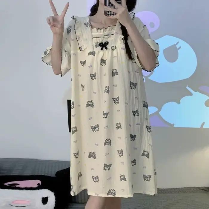 Chemise de nuit Sanrio Hello Kitty en coton pour femmes et étudiantes