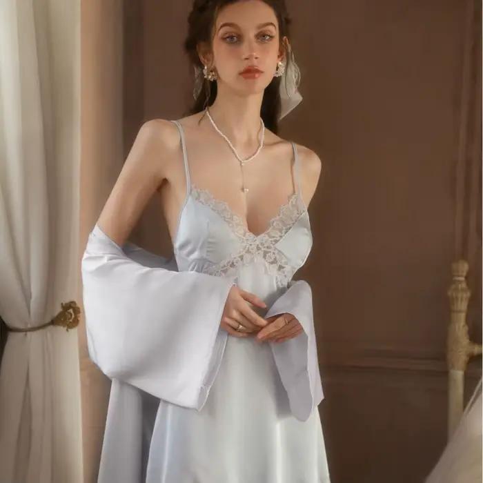Femmes dentelle Patchwork 2 pièces Robe ensemble Sexy Robe de nuit Satin chemise de nuit été nouveau Kimono peignoir vêtements de nuit Satin vêtements de nuit