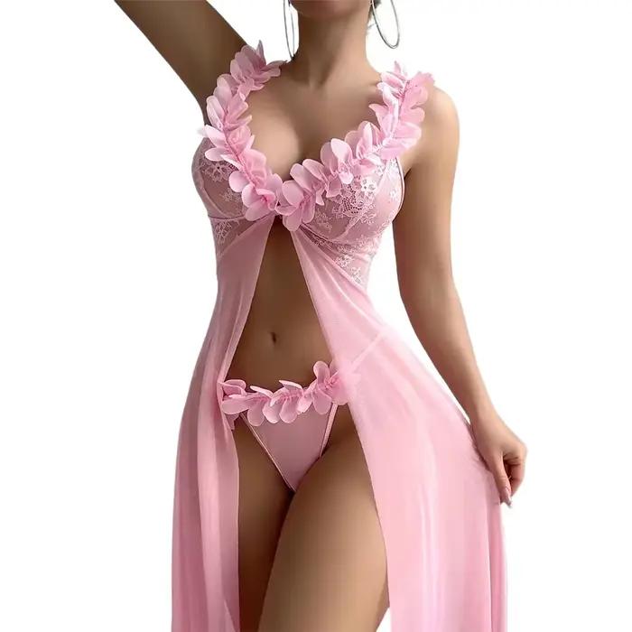 Robe de nuit en dentelle florale rose pour femmes, lingerie sexy, babydoll, robe de nuit exotique, dentelle profonde en V, maille transparente, chemises de nuit