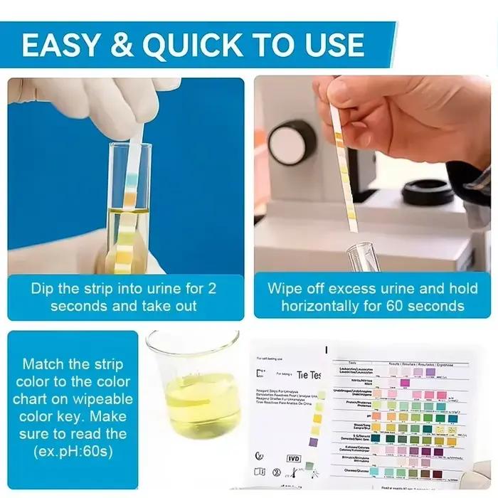 Bandelettes de test d'urine 14 en 1, analyse d'urine UTI pour galvanopien, bilirubin, cétone, nitrite, leucocytes, gravité spécifique, pH, acide ascorbique