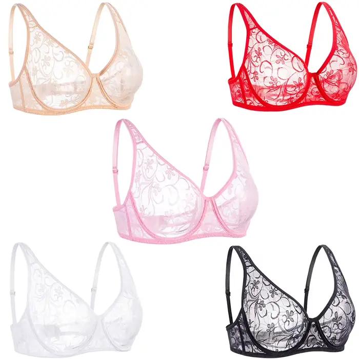 Soutiens-gorge pour femmes grande taille dentelle maille BH hauts à armatures broderie voir à travers des sous-vêtements Sexy Lingerie brassière A B C D DD tasse