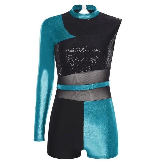 Femmes paillettes paillettes gymnastique Latin Chacha Ballet salle de bal danse justaucorps dos nu Boyshort Performance Costume