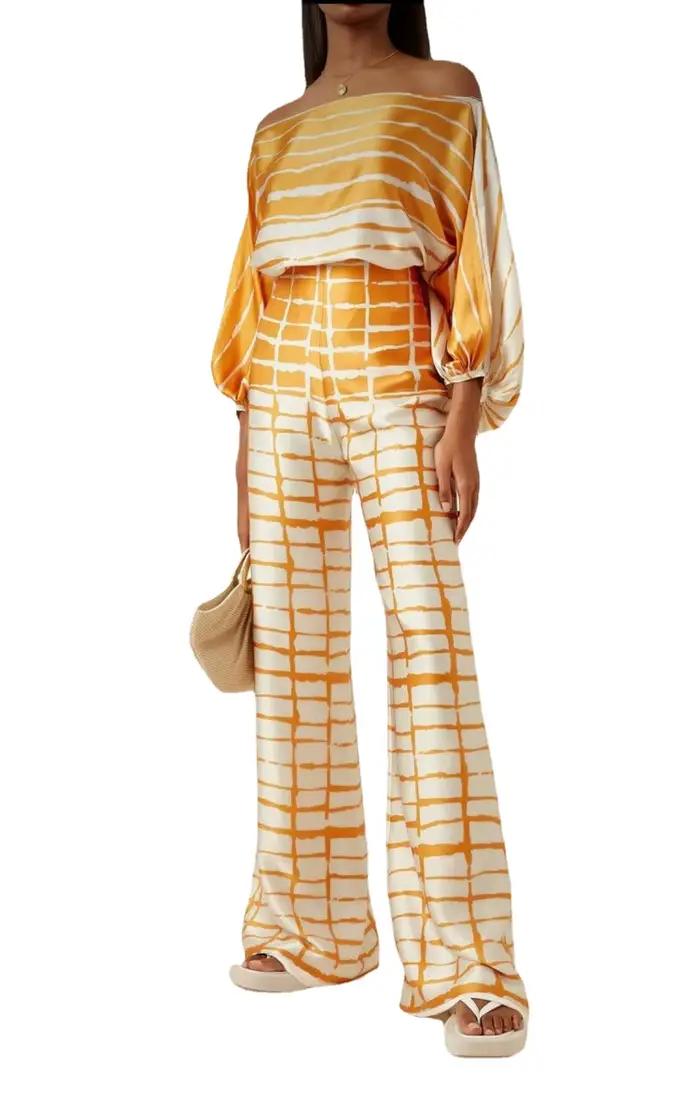 Pyjama Imprime Satin Femme Mode Amissié Pantalon Long Bleu Ciel Jaune Or Rose Occasions Spéciales Nuits Précieuses