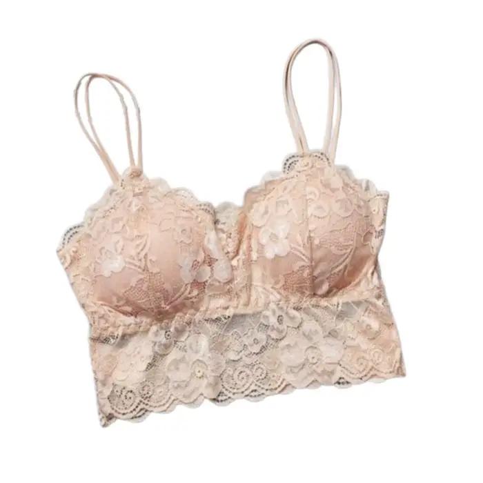 Bralette en dentelle florale pour femme – Crop top en dentelle festonnée à double bretelles avec bonnets rembourrés, caraco en dentelle transparente pour lingerie et usage quotidien