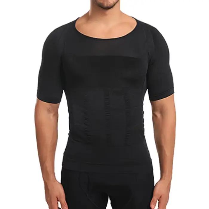 Hommes corps Shapers Fitness élastique Abdomen ajustement serré à manches courtes chemise débardeurs forme sous-vêtements minceur seins façonnage