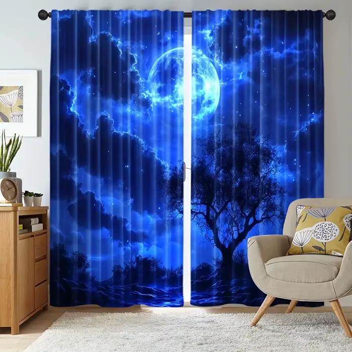 Rideaux Bleus Ciel Nocturne Pleine Lune, Rideaux Bleus Foncés Imprimés Paysage Mystique Nuageux Étoilé pour Chambre, Salon, Bureau, Maison