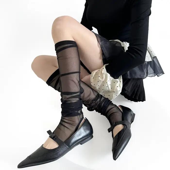 Jambières d'été pour femmes, Protection solaire, couvre-pieds en maille, chaussettes aux genoux, nœud à bandes, Y2k, chauffe-jambes pour filles, chaussettes hautes, bas