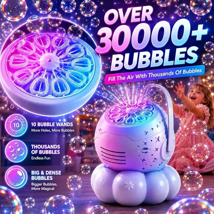 Machine à bulles pour enfants, projecteur d'étoiles avec 7 lumières nocturnes, plus de 30 000 bulles, souffleur de bulles électrique de grande capacité 600 ml, jouet pour anniversaire