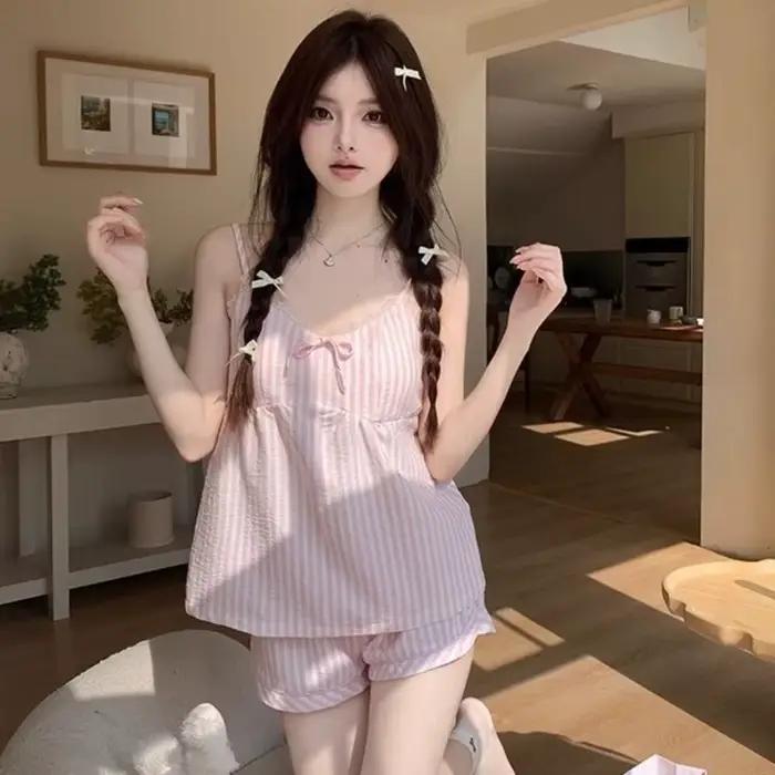 Ensemble de pyjama mignon et doux à nœud papillon, sans manches, coupe ample, deux pièces, bretelles spaghetti, vêtements de nuit, tenue d'intérieur