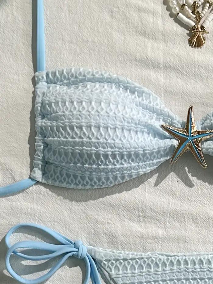 Sexy bleu ciel Micro Bikini 2026 femmes métal étoile de mer ornement plissé Push Up cravate côté string maillot de bain