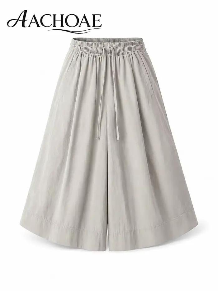 Pantalon Culotte Ample Femme Taille Haute Coupe Palazzo Longueur Midi Décontracté Été avec Poches