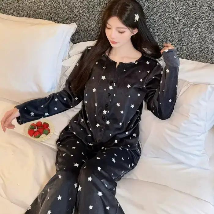 Nouveau velours 3 pièces Pyjamas ensemble maison vêtements doux noir déshabillé en dentelle à manches longues pantalon