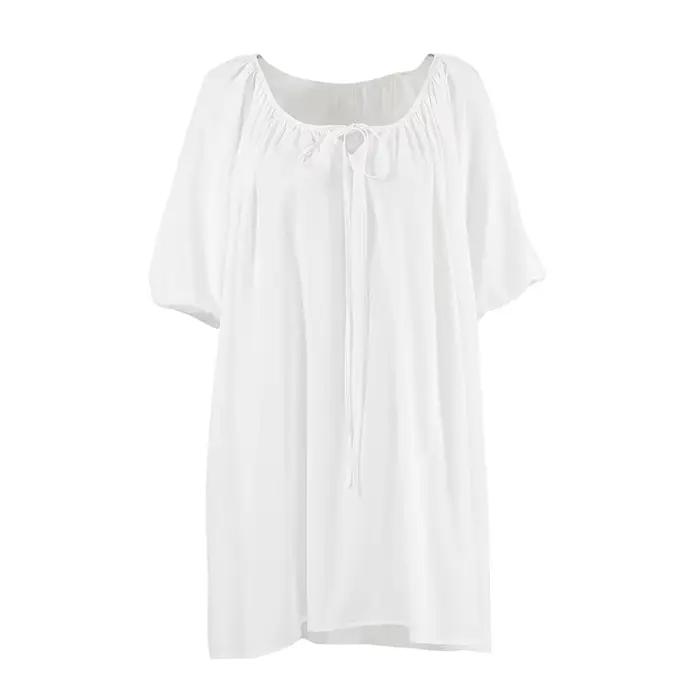 Nouvelle Robe de Nuit et de Détente en Coton Pur 2026 pour Femme, Blanche, Confortable, Respirante, Ample, à Lacets, Printemps-Été