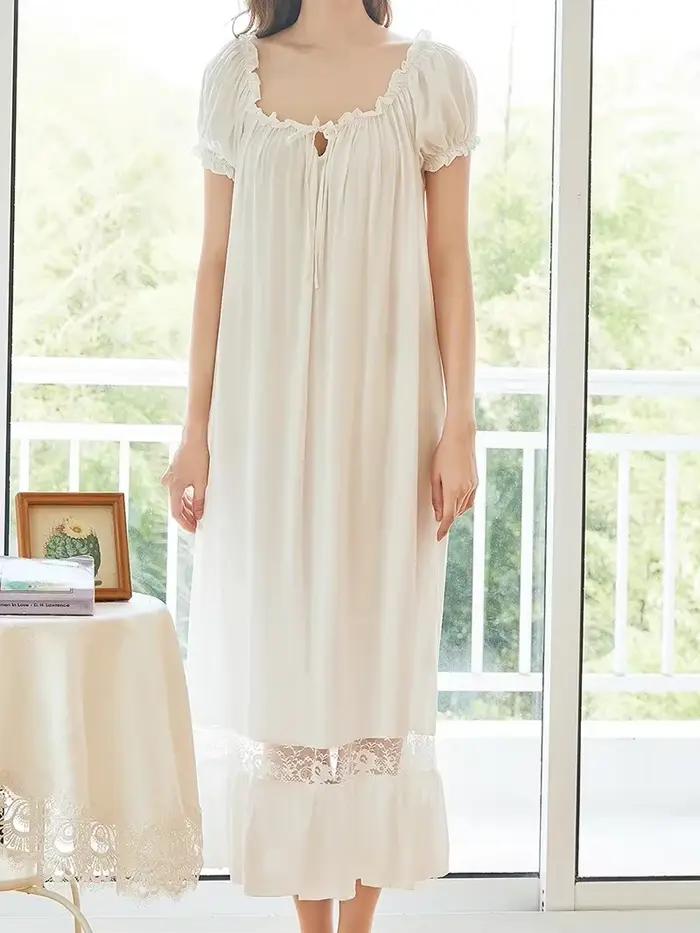 Chemise de nuit blanche à volants en coton pour femmes, vêtements de nuit dégradés, manches courtes, princesse victorienne, vintage, Lolita, adt Peignoir