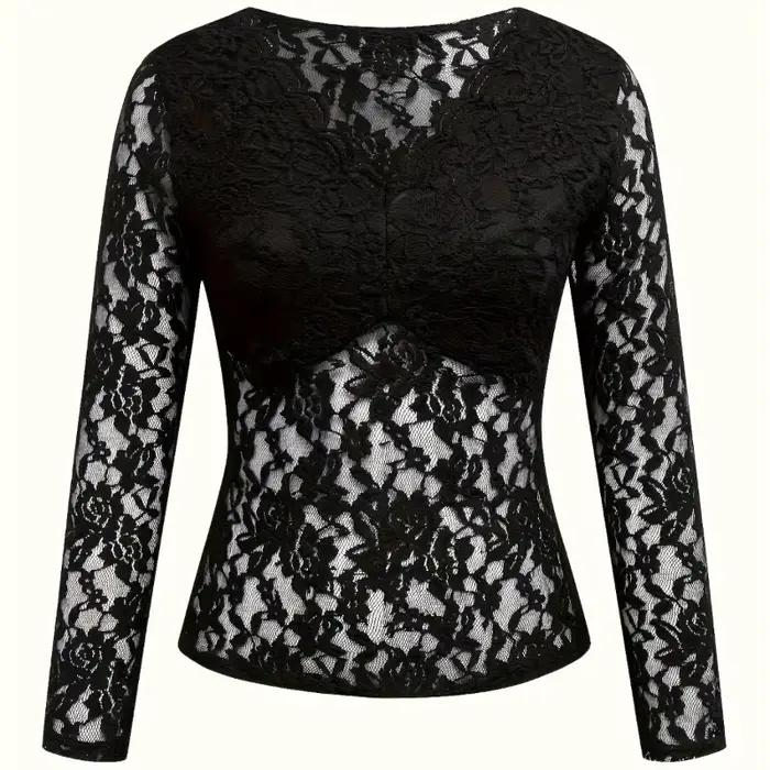Combinaison moulante transparente en dentelle florale à col en V et manches longues pour femme, idéale pour les soirées, les clubs et le quotidien