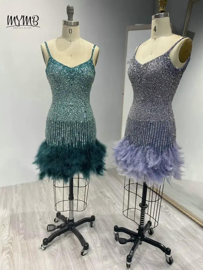 MYMB rose Chic Sexy bretelles Spaghetti Mini robes de boîte de nuit pour les femmes fête de luxe cristal perlé plumes robes de Cocktail