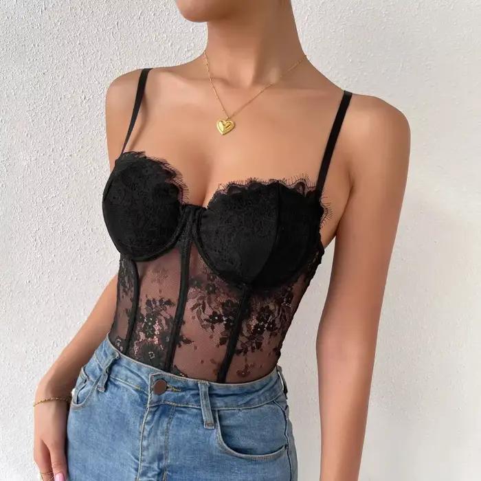 Corset Sexy en Dentelle Noire Transparente pour Femme
