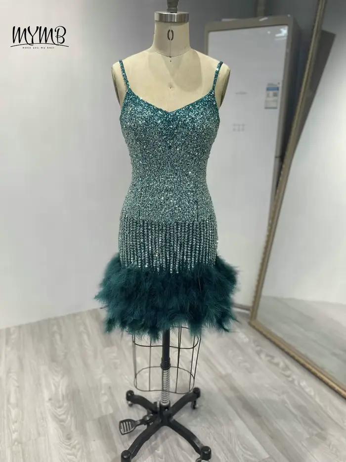 MYMB rose Chic Sexy bretelles Spaghetti Mini robes de boîte de nuit pour les femmes fête de luxe cristal perlé plumes robes de Cocktail