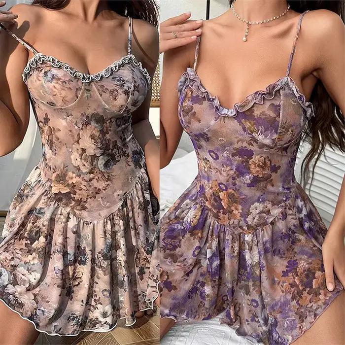 Chemise de nuit camisole florale mini jupe avec dentelle sexy chemises