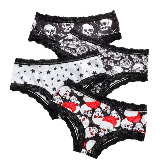 Lot de 4 Culottes Confortables et Respirantes pour Femmes, Slips Sexy en Dentelle avec Imprimé Tête de Mort, Sous-vêtements Féminins Tendance pour Noël