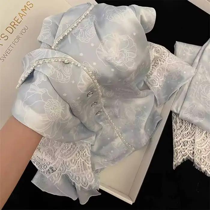 Soie deux pièces dames ensemble Pijama automne Floral à manches longues boutonné haut et pantalon vêtements de nuit