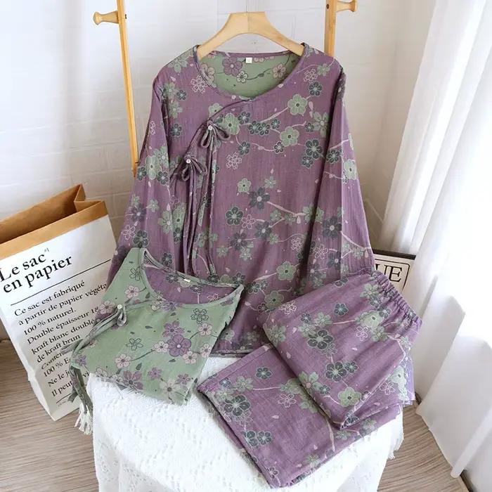 100% Cotton Night Wears For Women Nightie Print Sleepwear Pajamas Set Spring Autumn Long Sleeve Women's Pyjamas Suit Female